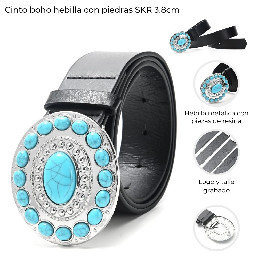 [848375] CINTO BOHO HEBILLA CON PIEDRAS TURQUESA SKORA 3,8CM