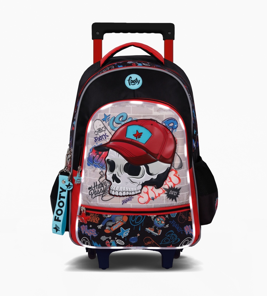 [3F5371-ROJ] MOCHILA CARRO 18" CON LUZ LED SKULL FOOTY (Rojo)