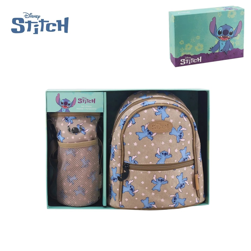 [373.2000030-BEI] MOCHILA Y PORTA BOTELLA DISNEY STITCH (Beige)