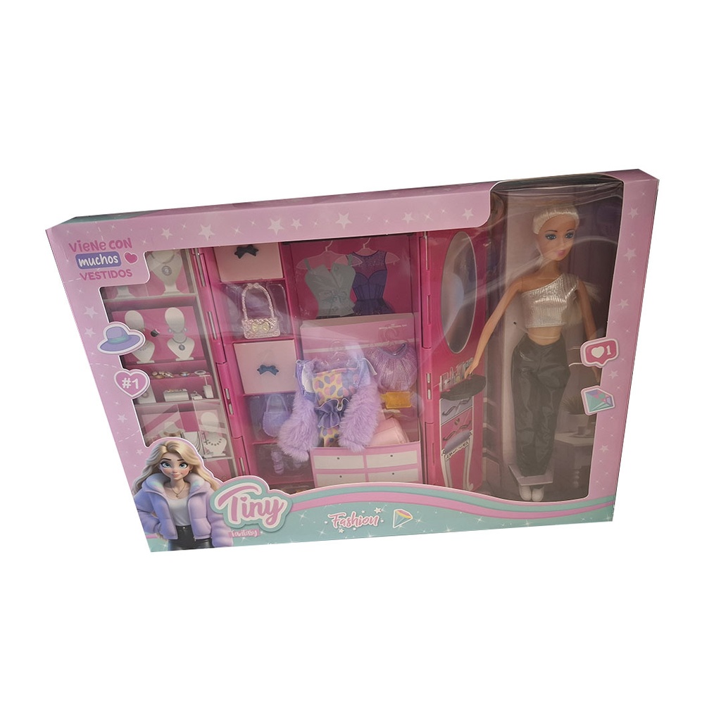 MUÑECA TINY FASHION CON VESTIDOR 46X32X8CM