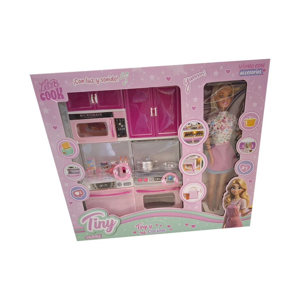 MUÑECA TINY Y SU COCINA CON LUZ Y SONIDO 39X35X8CM