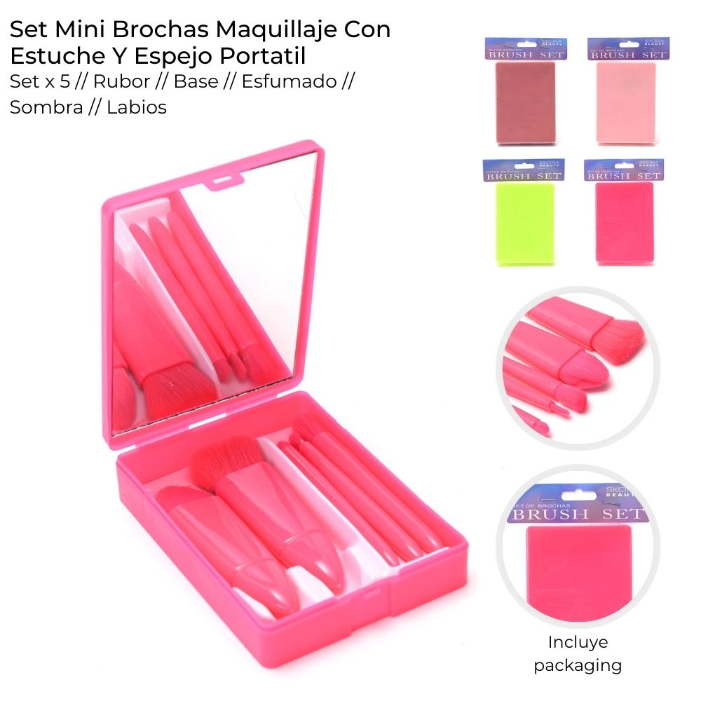 SET MINI BROCHA MAQUILLAJE CON ESTUCHE Y ESPEJO SKORA