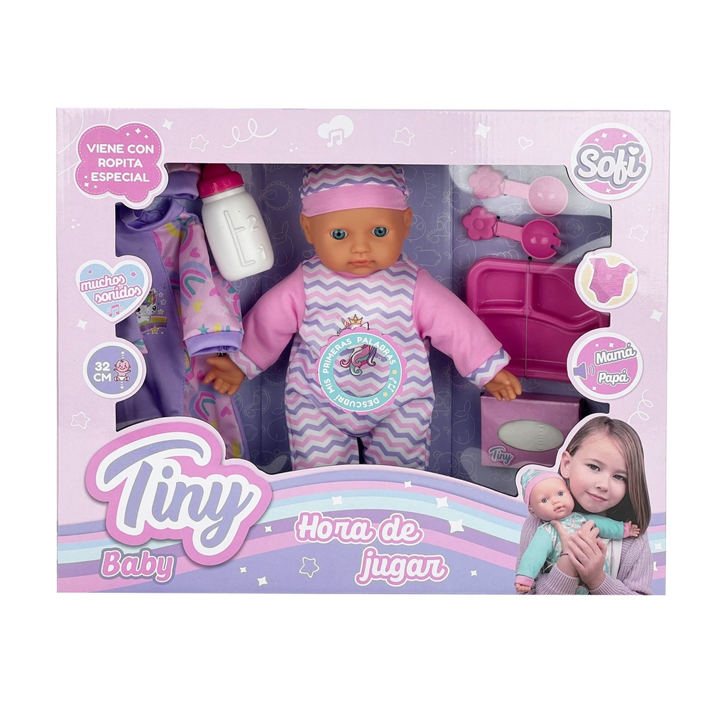 [8153731] BEBOTE TINY CON ROPA EXTRA, ACCESORIOS Y SONIDOS 32CM CUERPO BLANDO