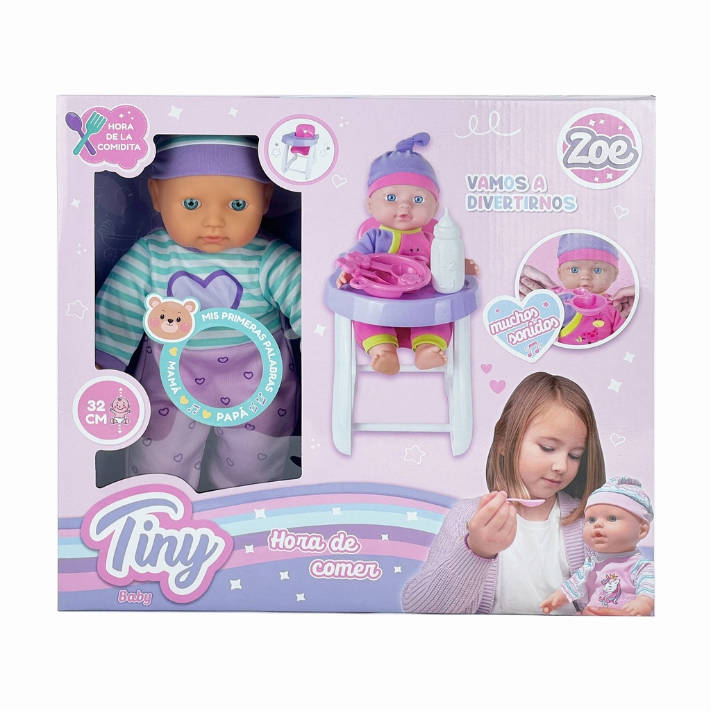 [8153733] BEBOTE TINY HORA DE COMER CON SILLITA, ACCESORIOS Y SONIDOS 32CM CUERPO BLANDO