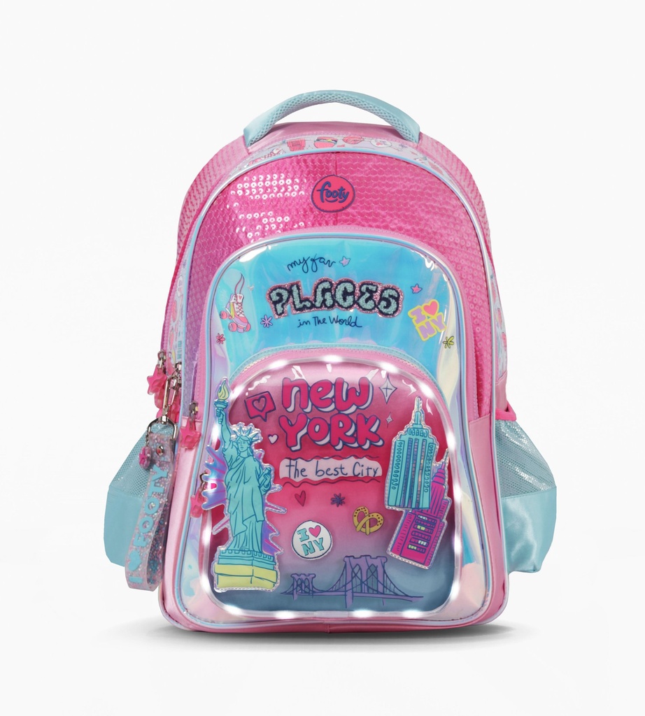 MOCHILA ESPALDA 18" CON LUZ LED I LOVE FOOTY ROSA