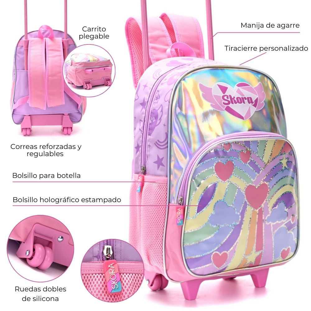 MOCHILA CARRO 16" ALMA RAINBOW HEARTS CON LLAVERO SKORA 30x40x12 CM