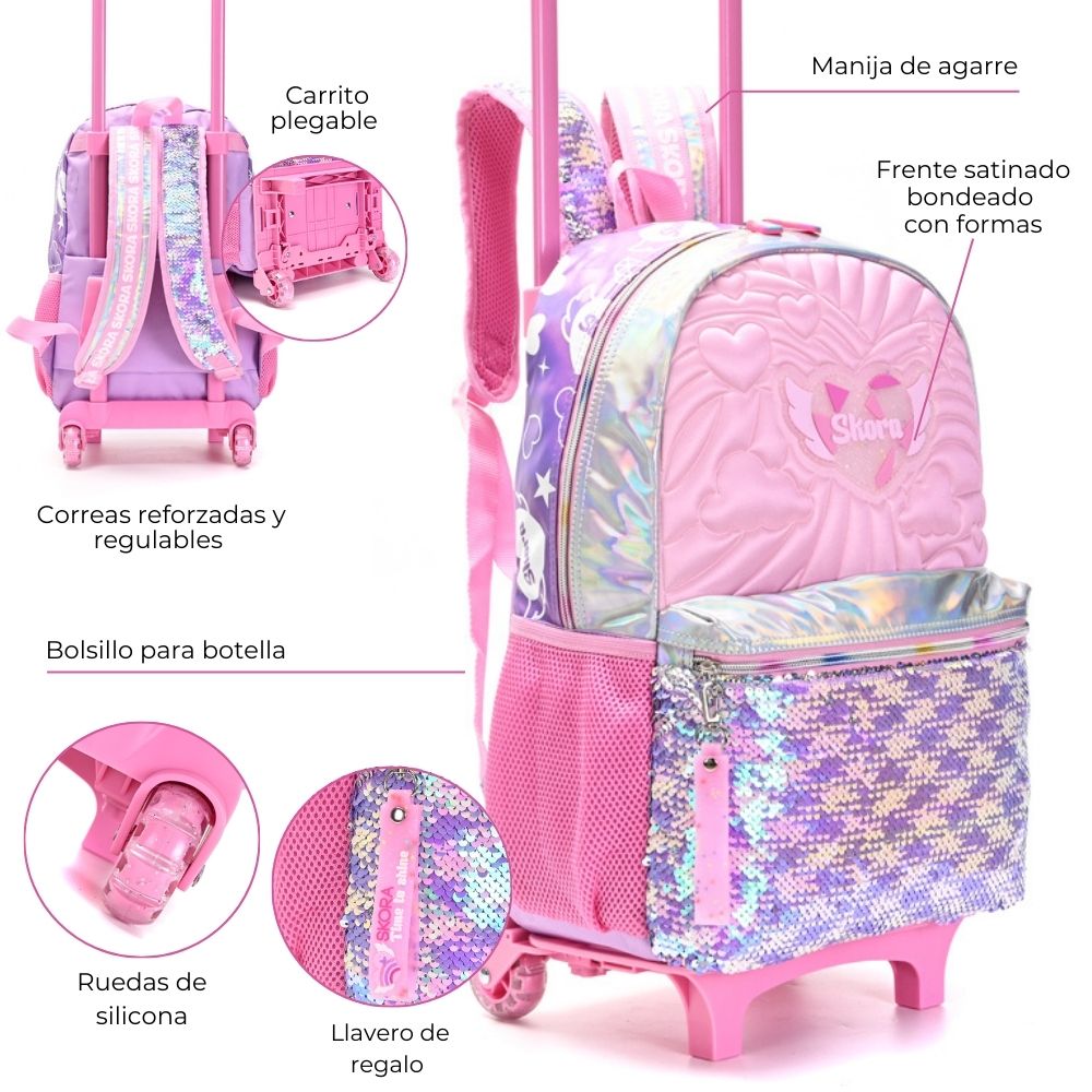MOCHILA CARRO ALMA MATELASSE ROSA CON LLAVERO 18" - 32x45x15 CM