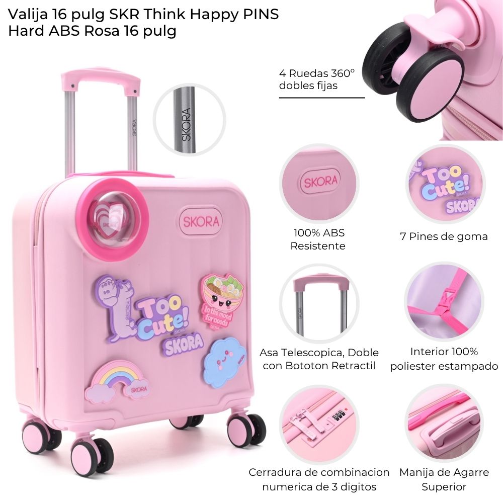[448684] VALIJA 16" SKORA THINK HAPPY PINS HARD ABS ROSA